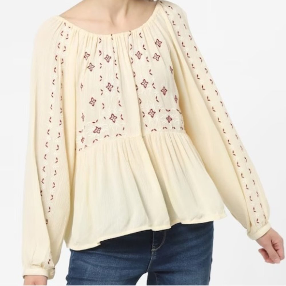 Yellow Embroidered A-line Top, Small, New